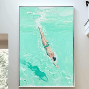 Diving painting Green art swimming into the sea green ocean painting ocean painting swimming art swimming art sea landscape art gift for her