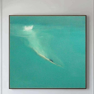 Girl swimming wall art Swiming in the sea blue ocean painting blue minimalist painting Aqua blue landscape painting textured wall art