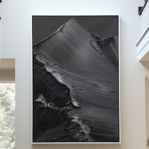 Schwarzer Berg Strukturgemälde Schwarze minimalistische 3D-Malerei Schwarzes abstraktes Ölgemälde Schwarzes abstraktes Bild 3D Schwarze abstrakte Wandkunst