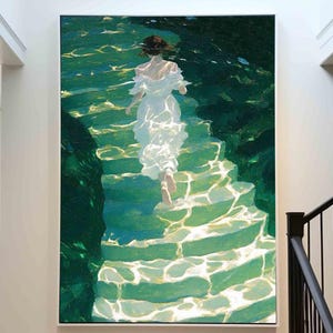 Swimming painting Swiming in the sea green ocean painting Underwater walking girl Green Minimalist landscape painting holiday style wall art