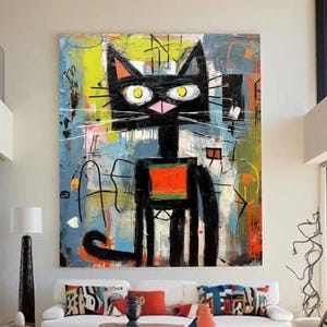 Black cat graffiti art, Michel Basquiat, pop art, Street graffiti art, graffiti abstract art, graffiti art, Modern wall art,handmade art