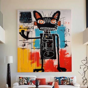 large cat graffiti art, Michel Basquiat, pop art, Street graffiti art, graffiti abstract art, graffiti art, graffiti wall decor,handmade art