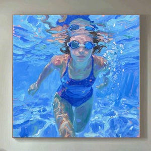 Diving oil painting, diving wall art, swimming girl painting, blue sports in the ocean, diving woman swimming, handmade canvas wall art