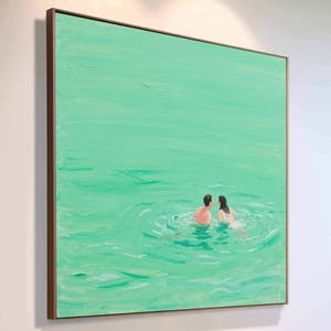 green ocean painting Swiming in the sea Couple swimming art green minimalist painting light green landscape painting holiday style wall art