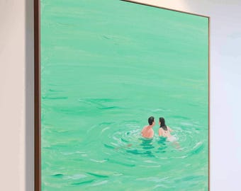 Pintura de océano verde Nadando en el mar Arte de pareja nadando Pintura minimalista verde Pintura de paisaje verde claro Arte de pared de estilo festivo