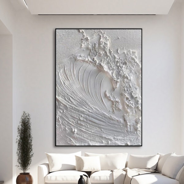 Beach Painting Textured Wall Art 3D White Minimalist Ocean Wave Painting on Canvas Wabi-Sabi Wall Art Living Room Painting Fashion Decor
