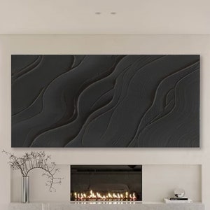 Black artwork Minimalist Painting Black Painting Horizontal wall decor Black Textured Wall Art white 3D Impasto Painting Living room decor