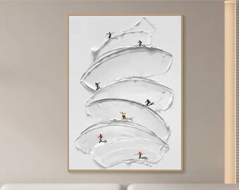 Original Ski Sport Wandkunst auf Leinwand Skiers Art 3D Plaster Style texturierte Wand Kunst Geschenk für Skifahrer White Skiing Paintingig