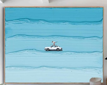 Originele Porsche canvas muurkunst blauwe minimalistische kunst kleurverloop blauwe getextureerde muurkunst blauwe Porsche auto's kunst blauw 3D schilderij uniek cadeau