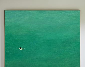 La niña nadando arte Nadando en el mar pintura del océano azul Pintura minimalista verde Pintura de paisaje verde Arte de pared estilo vacaciones