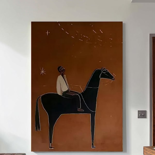 Abstrakcyjny portret Brązowy abstrakcyjny jeździec konny Rysunek postaci Duży brązowy minimalistyczny obraz na płótnie Vintage Wall Art Neutralny wystrój domu