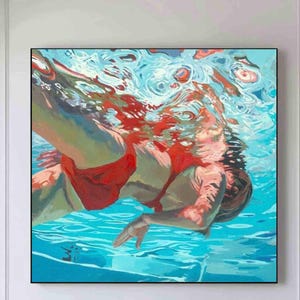 Woman swimming wall art,Swiming in the sea blue ocean painting swimming painting Aqua blue landscape painting holiday style wall art