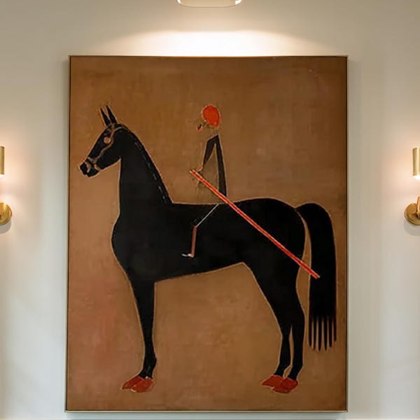 Große braune minimalistische Leinwand Braun Abstrakte Pferde Reiter Figur Malerei Vintage Reiter Wandkunst Gemälde für Lounge Neutral Home Decor