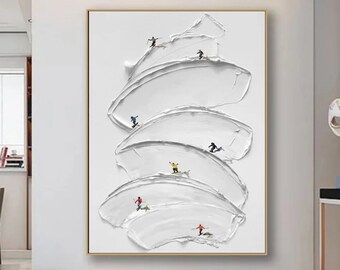 Art mural original de sport de ski sur toile skieurs art 3D plâtre style texturé art mural cadeau personnalisé pour les skieurs blanc ski Paintig