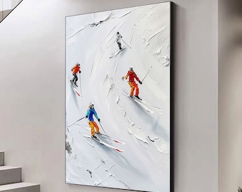 Peinture originale de sport de ski sur toile skieur sur la montagne enneigée Art peinture personnalisée Texture 3dWall Art cadeau personnalisé Art du ski sur neige blanche