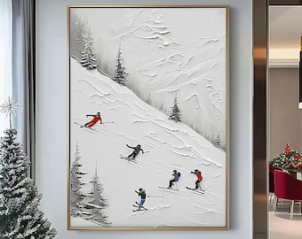 Skieur d'art blanc neige sur montagne enneigée Art original de sport de ski peinture sur toile texture de peinture personnalisée art mural 3d cadeau personnalisé