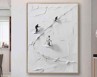 Skifahrer am schneebedeckten Berg Kunst Weißer Schnee Skilaufen Kunst Originales Ski Sport Gemälde auf Leinwand Individuelles Geschenk