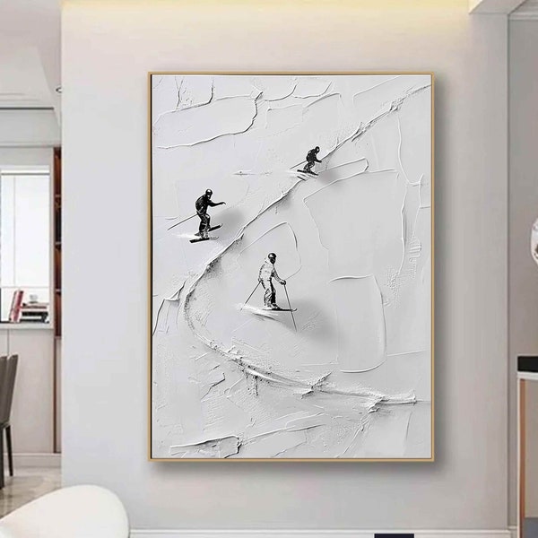 Peinture de ski Skieur sur une montagne enneigée Art de la neige blanche Ski Art Original Sport de ski Peinture sur toile Peinture personnalisée Cadeau personnalisé