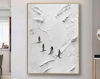 Blanc neige ski art original ski sport peinture sur toile skieur sur la montagne enneigée art personnalisé peinture texture art mural 3d cadeau personnalisé