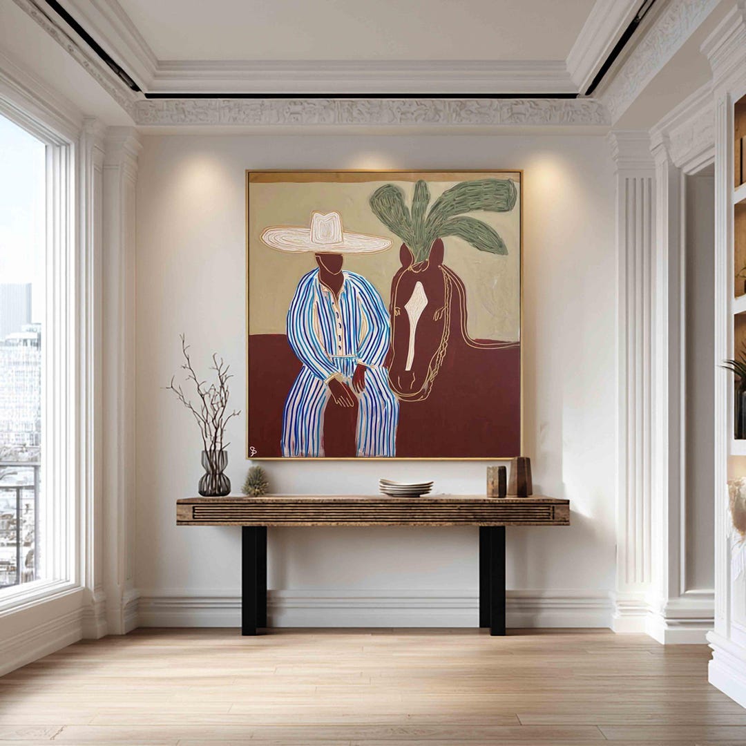 Original Western Cowboy and Horse Oil Painting Japandi Western Conwboy ...