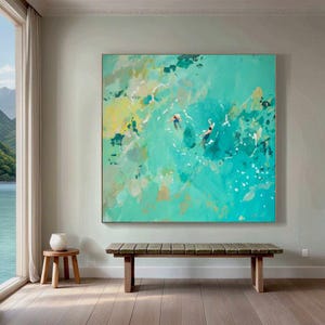 Green textured art man and woman lovers oil painting on canvas swimming into green green ocean wall art custom painting gifts for her