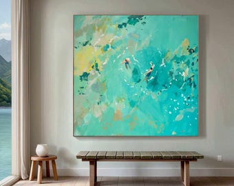 Green textured art man and woman lovers oil painting on canvas swimming into green green ocean wall art custom painting gifts for her