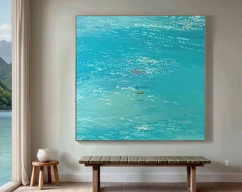 Swiming in the sea blue ocean painting vintage retro painting blue minimalist painting Aqua blue landscape painting holiday style wall art