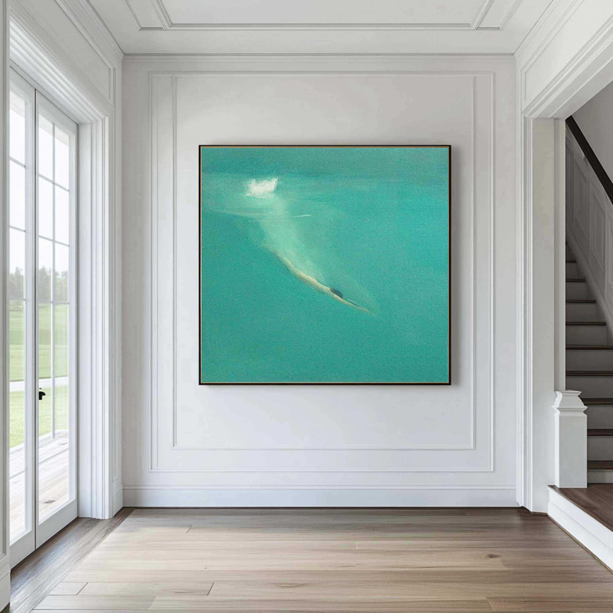 Girl swimming wall art Swiming in the sea blue ocean painting blue minimalist painting Aqua blue landscape painting textured wall art