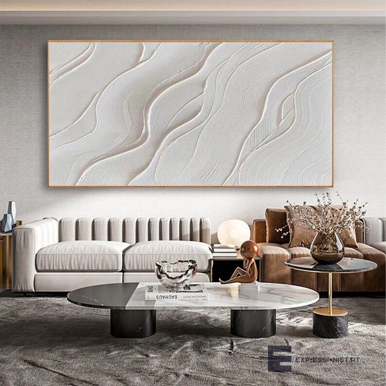 White Painting Horizontal Wall Decor White Textured Wall Art Etsy