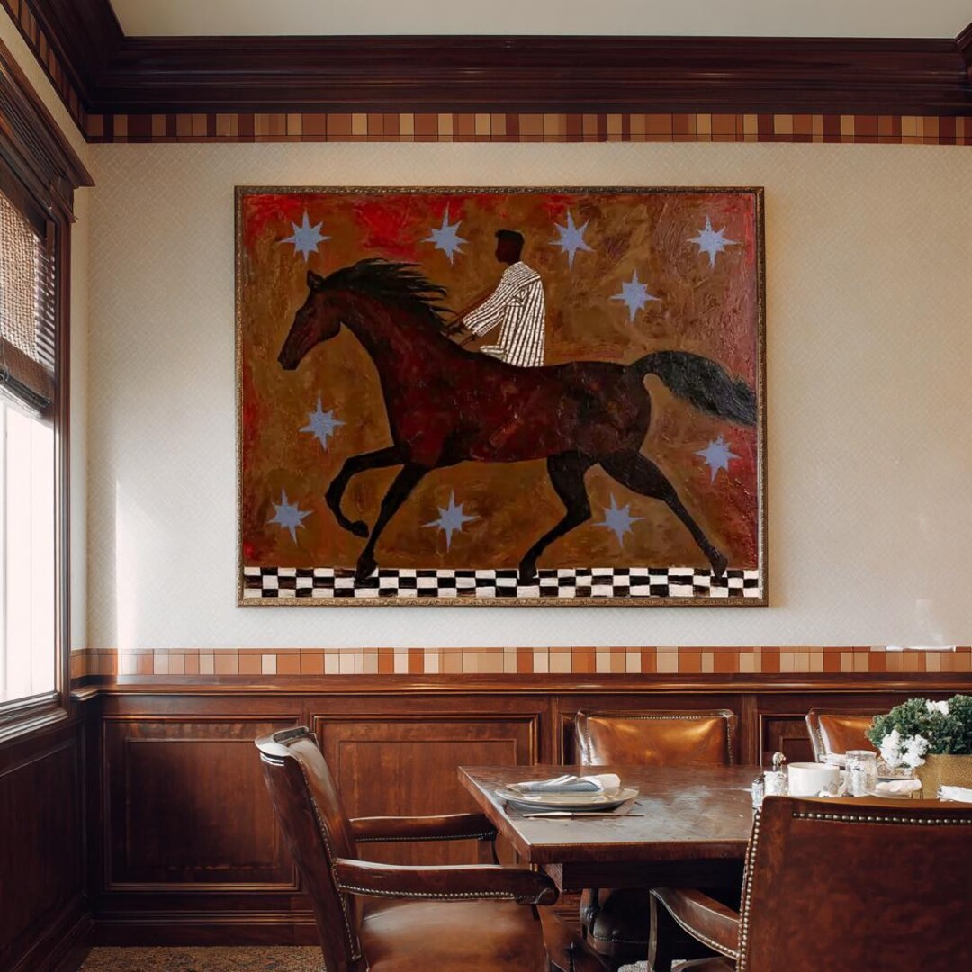 Brown Vintage Rider and Horse Oil Painting Japandi Western Horse Wall ...