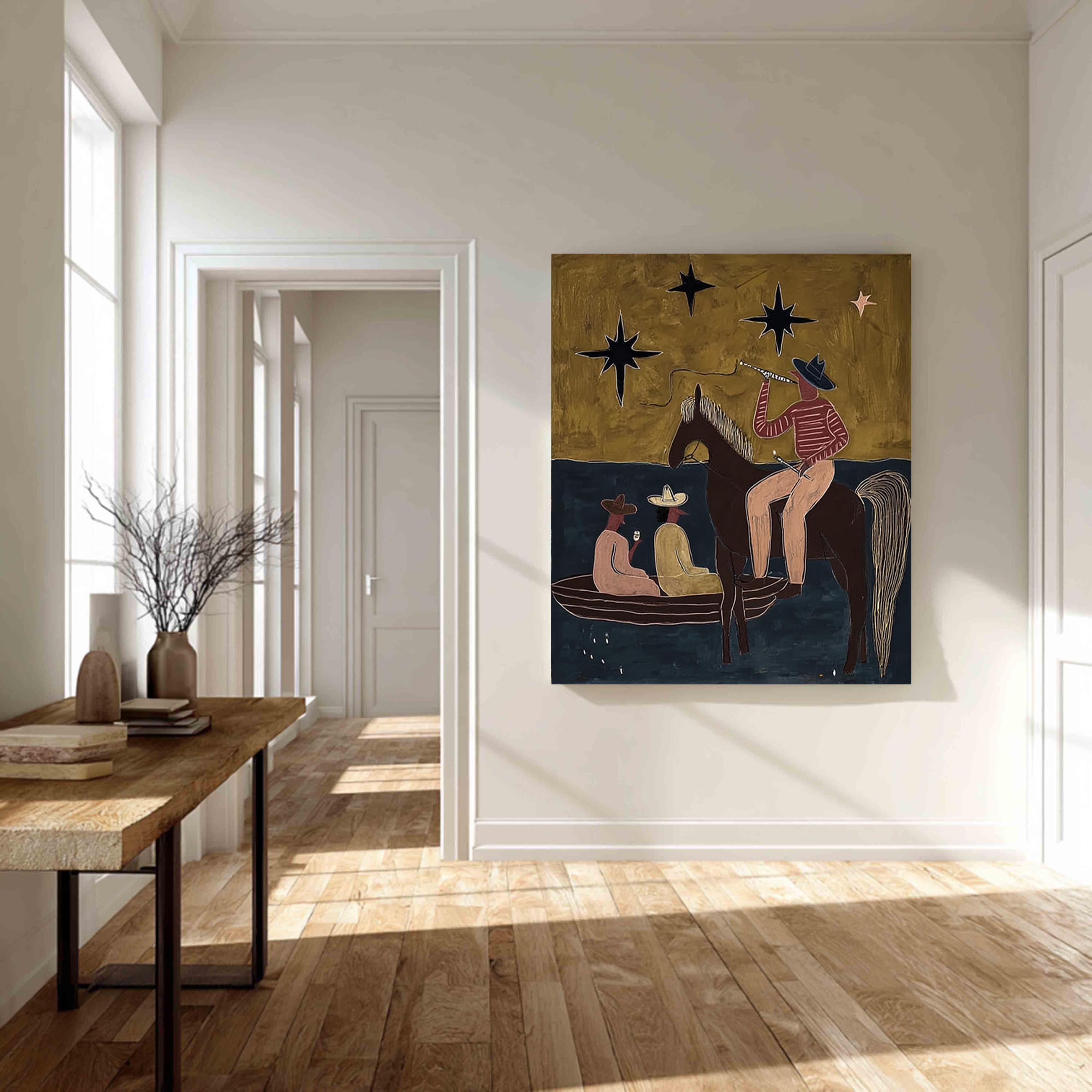 Japandi Western Conwboy Wall Art Original Travel Cowboy and Horse Oil ...