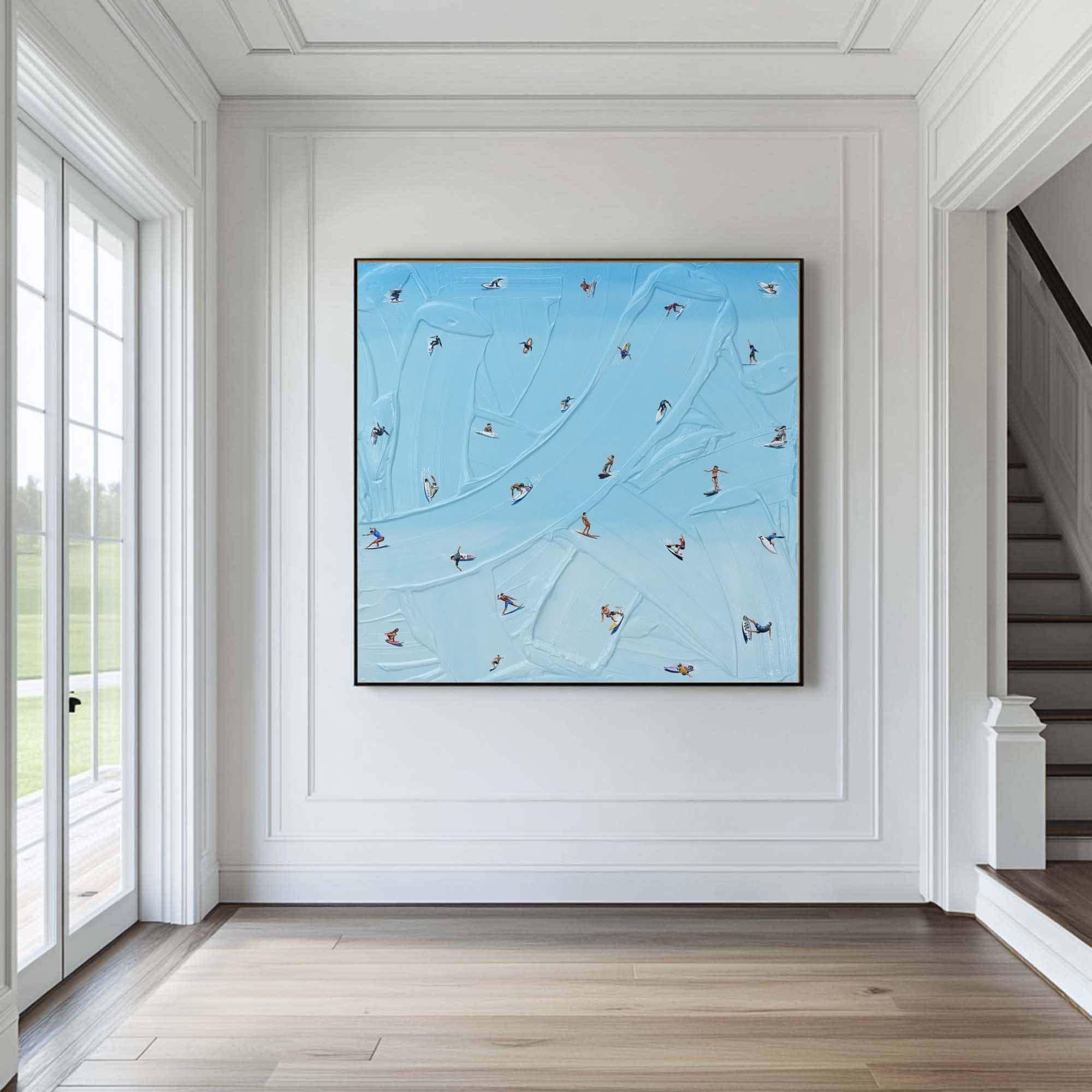 Original surfing canvas wall art Custom work gift Surf wall art Minimalist Art Blue textured wall art surfing art Blue 3D texture painting