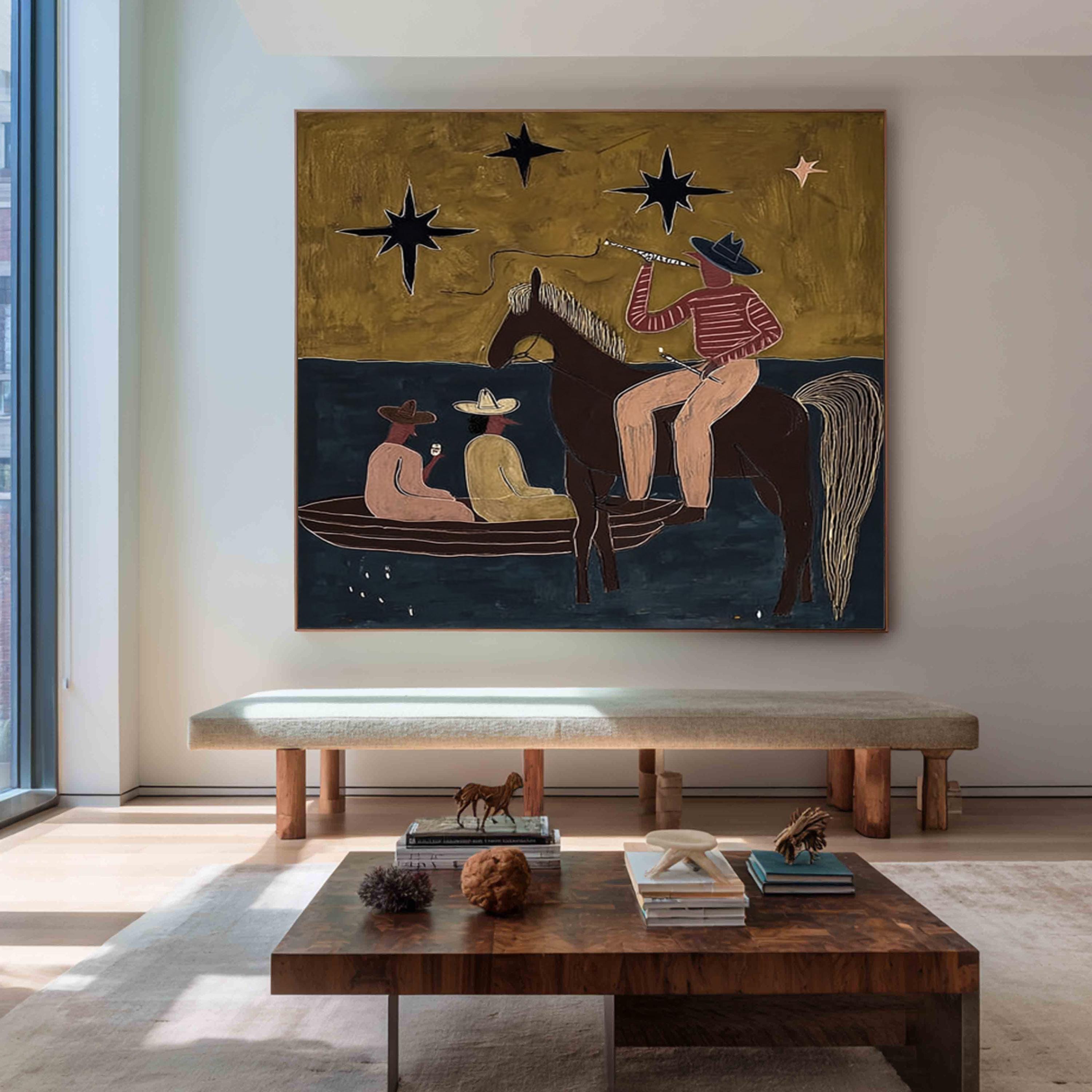 Japandi Western Conwboy Wall Art Original Travel Cowboy and Horse Oil ...