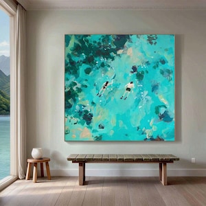 swimming into green sea Green textured art man and woman lovers oil painting on canvas green ocean wall art custom painting gifts for her