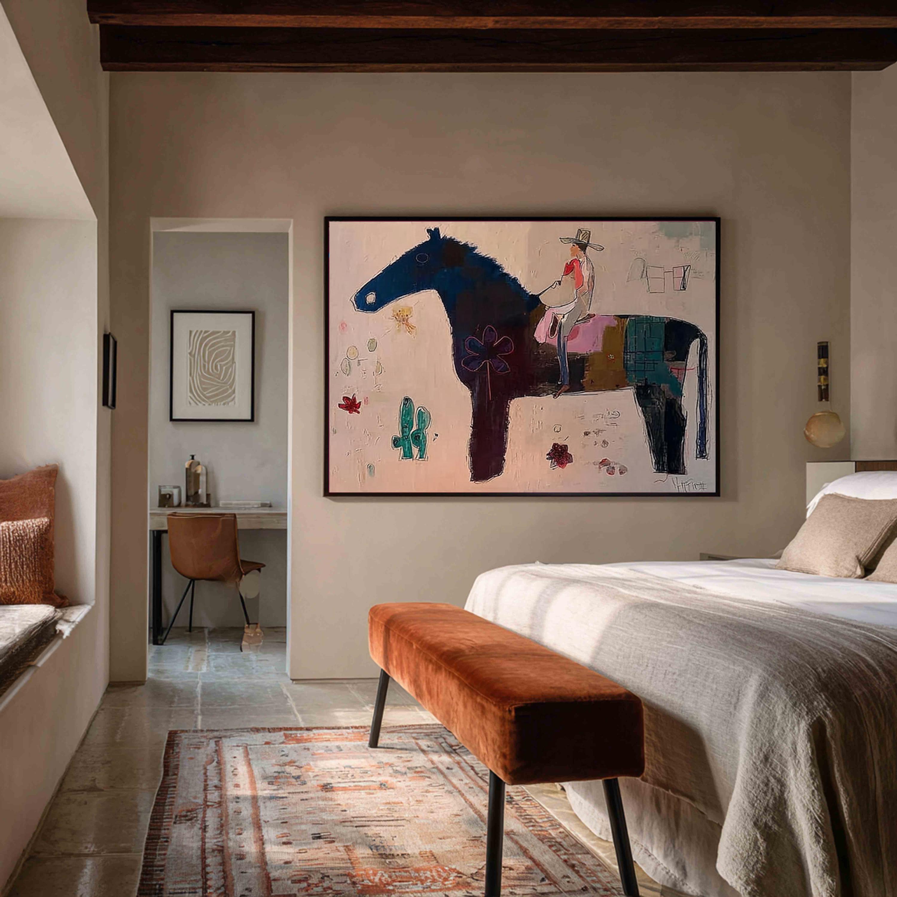 Japandi Western Conwboy Wall Art Original Western Cowboy and Horse Oil ...