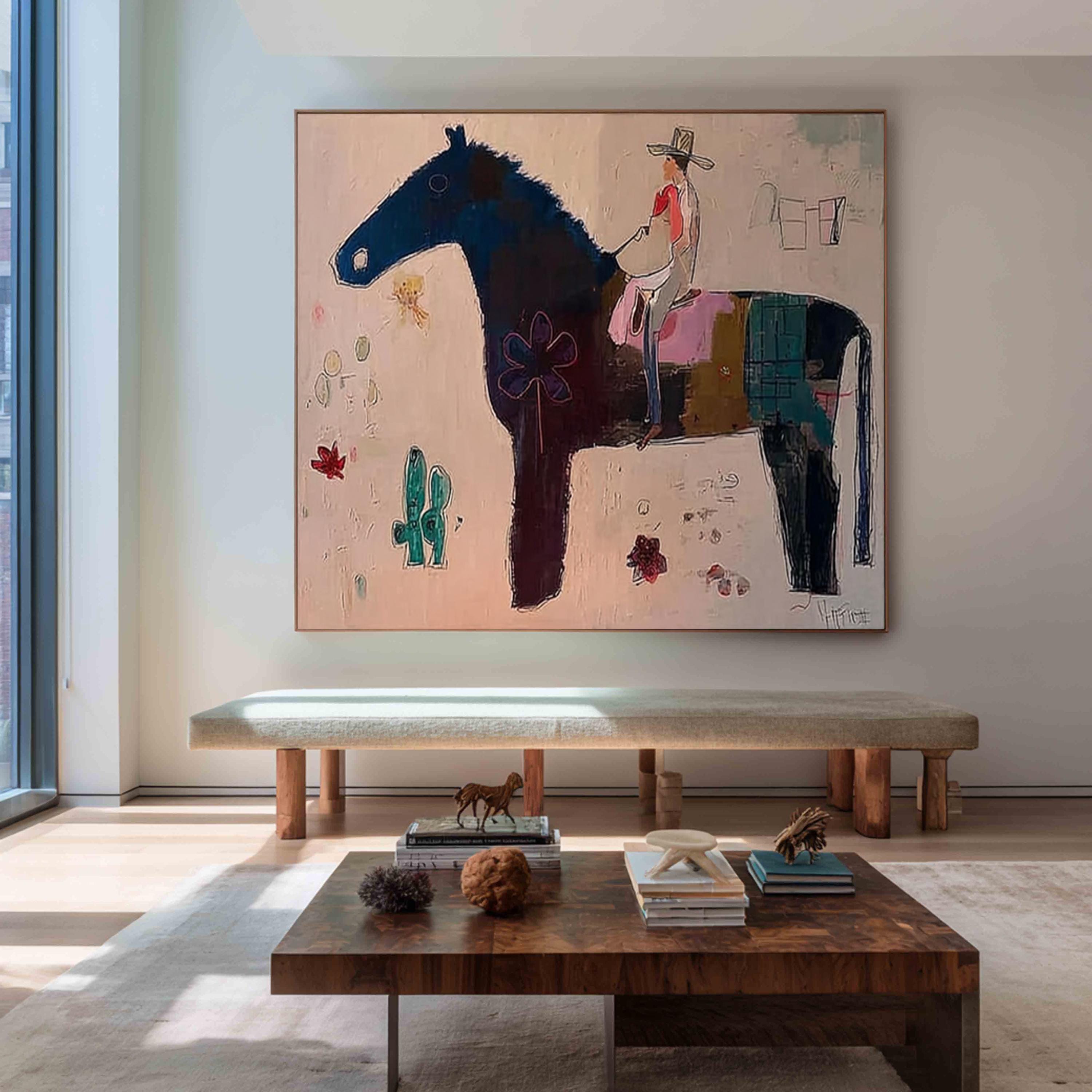 Japandi Western Conwboy Wall Art Original Western Cowboy and Horse Oil ...