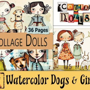 Digital Collage Sheets, 36 Vibrant Papers, Watercolor Girl Dolls and Dogs Art For Collage, Art Journaling Printable Download PDF & JPEG