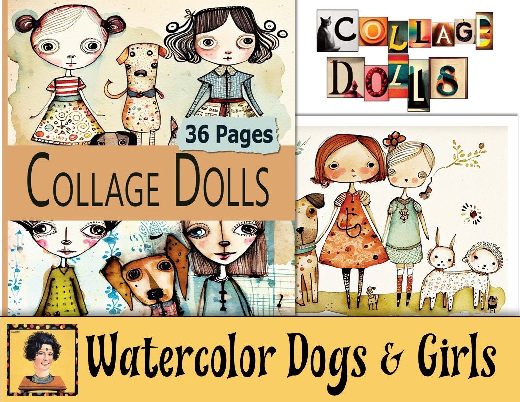 Digital Collage Sheets, 36 Vibrant Papers, Watercolor Girl Dolls and ...