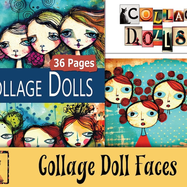 Printable Collage Paper Sheets, 36 Doll Face Sketches For Art Journaling, Digital Download PDF & JPEG