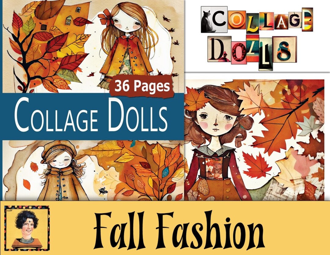 Printable Collage Paper Sheets, 36 Doll Fall Fashion Sketches for Art Journaling, Digital