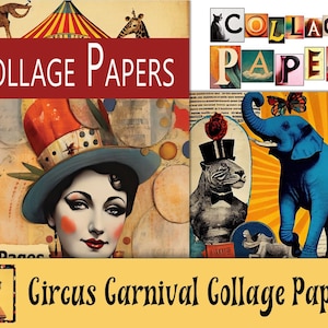 Vintage Circus Carnival Digital Collage Papers, 36 Pages Mixed Media Paper For Art Journaling, Altered Books Printable Download PDF & JPEG