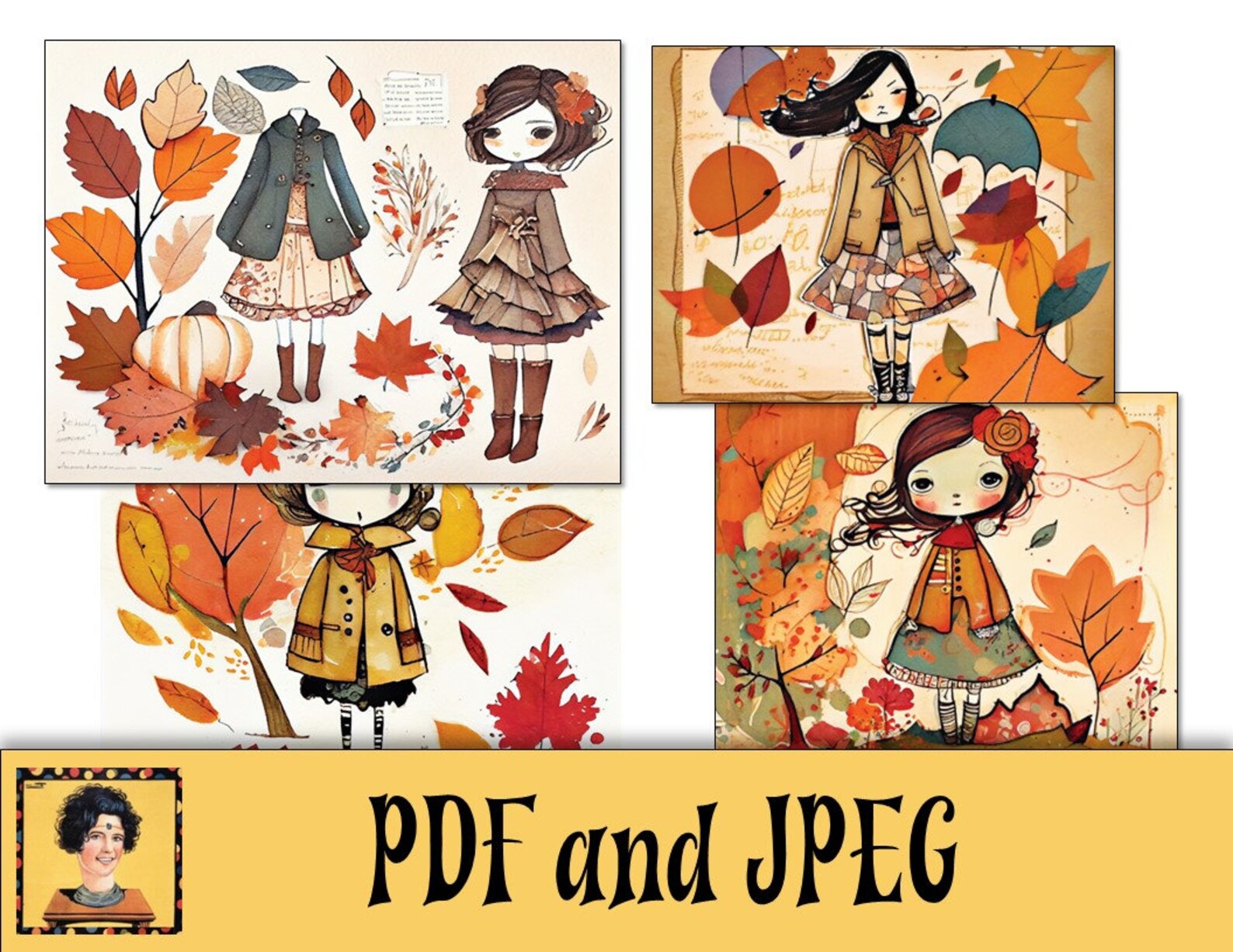 Printable Collage Paper Sheets, 36 Doll Fall Fashion Sketches for Art Journaling, Digital