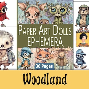 Paper Art Dolls Ephemera, Woodland Forest Animals For Collage Scenes, 36 Pages, Cut And Paste Embelishments Digital Download PDF & JPEG