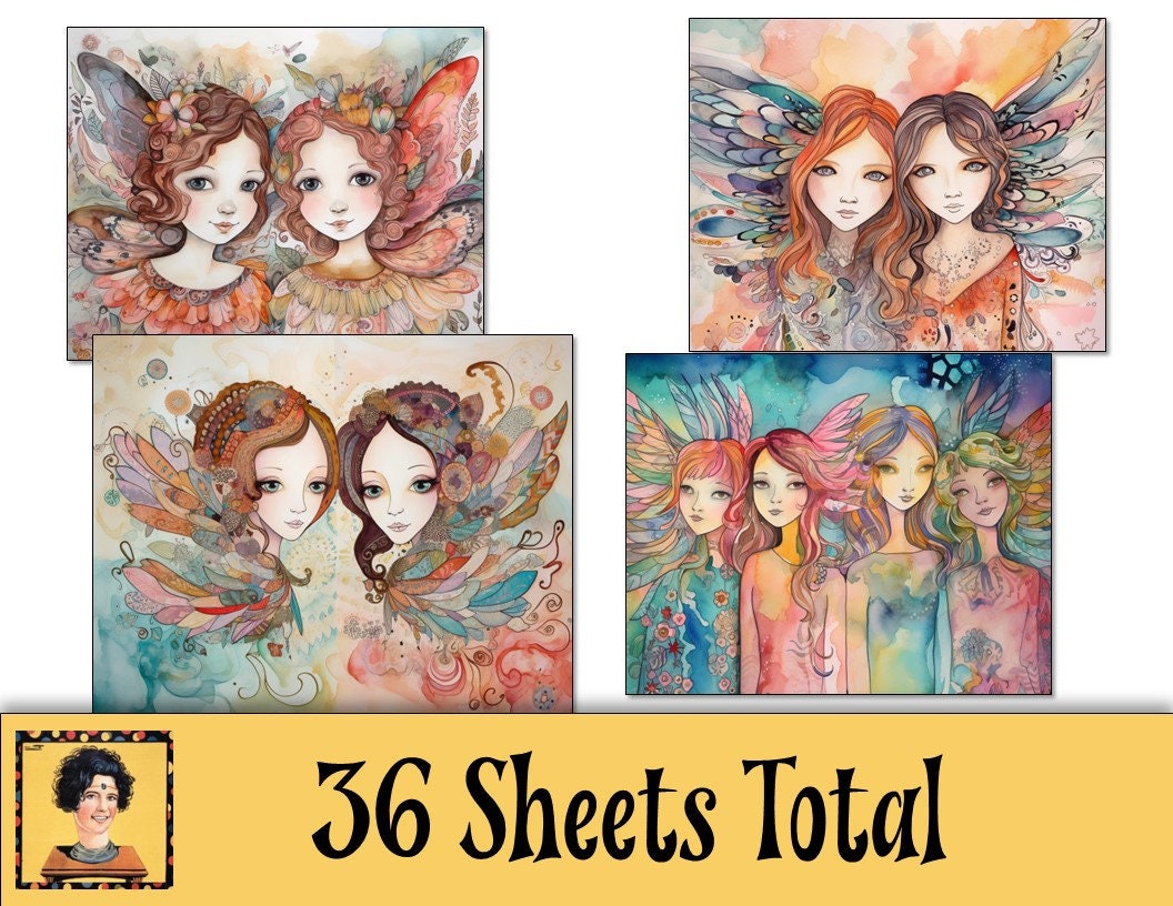 Printable Collage Paper Sheets, 36 Doll Angel Fairy Wings Sketches for Art Journaling, Digital