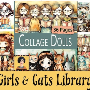 Digital Collage Sheets, 36 Vibrant Papers, Watercolor Girl Dolls, Book Lover and Cats For Art Journaling Printable Download PDF & JPEG