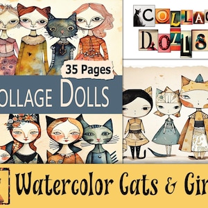 Art Journal Paper Art Dolls, 35 Weird Girls and Cats Sketches For Collage, Art Journaling and Junk Journals, Printable Download PDF & JPEG