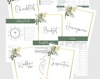 May include: A wedding planner with several pages, including a checklist, seating chart, budget, and honeymoon planning guide. The pages have gold frames and floral accents. The text "WEDDING PLANNER" and "130 PAGES" are also visible.
