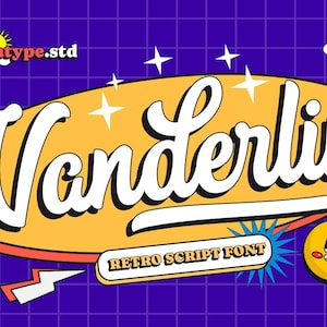 May include: A retro script font called "Vanderlin" in white text on a yellow oval with a red outline. The text "RETRO SCRIPT FONT" is below the font name in a smaller font size. The background is a purple grid with a white cloud and a yellow sun.