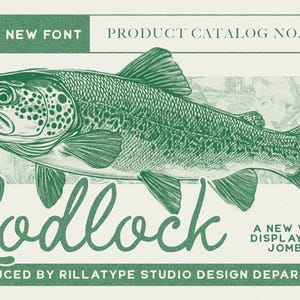 May include: A green and white vintage style font design called "Rodlock" with the text "A New Vintage Display Script Jombor. Ykt" and "Produced by Rillatype Studio Design Department". The font is displayed above a green illustration of a fish.