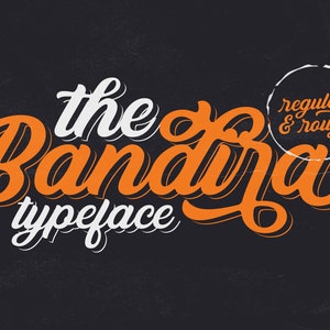 May include: The Bandra typeface logo in orange with a white outline and the words "the Bandra typeface" and "regular & rough" in white. The logo is on a black background.